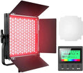 Square RGB LED video light panel with metal barn doors, white diffuser, and a digital control remote.