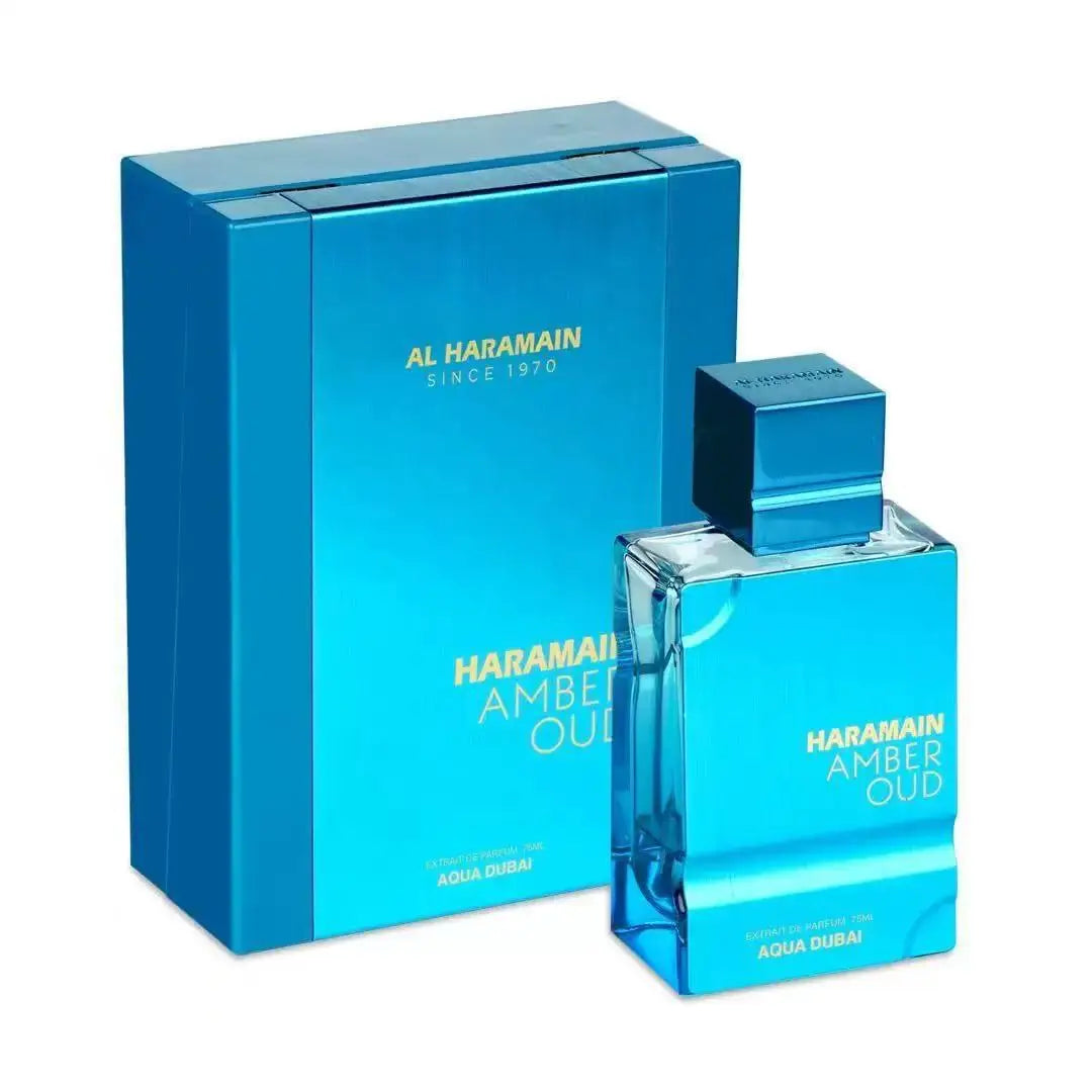 Al Haramain Amber Oud Aqua Dubai: Unisex Extrait de Parfum in a sleek blue rectangular bottle with box.