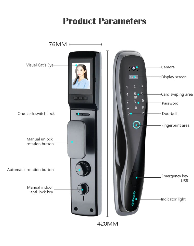 Wifi Outdoor Face Recognition Door Lock System Fingerprint Rf Id Card Keyless Smart Lock Camera Video Capture Rechargeable