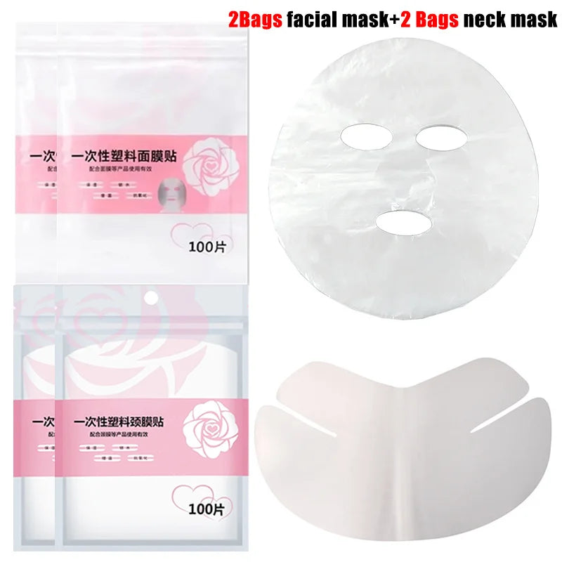 Two bags of transparent plastic face masks and two bags of neck masks with pink rose-patterned packaging.