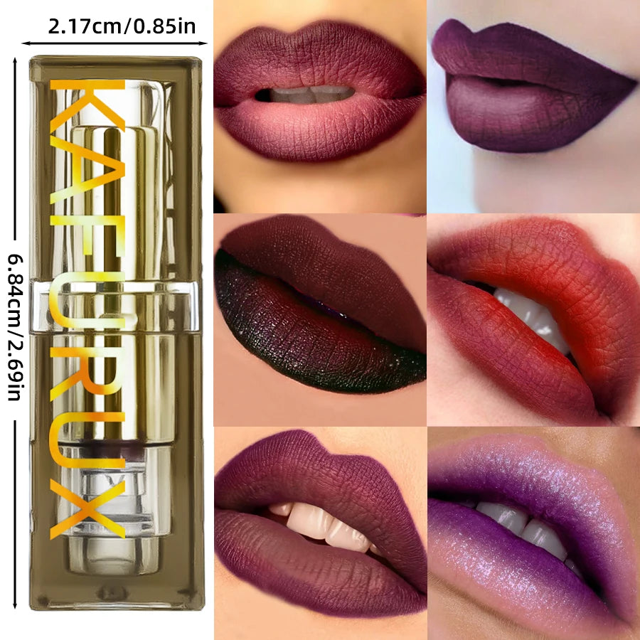 Two-tone matte and glitter lipstick in purple, black, and red shades for a moisturizing, gradient lip makeup effect.