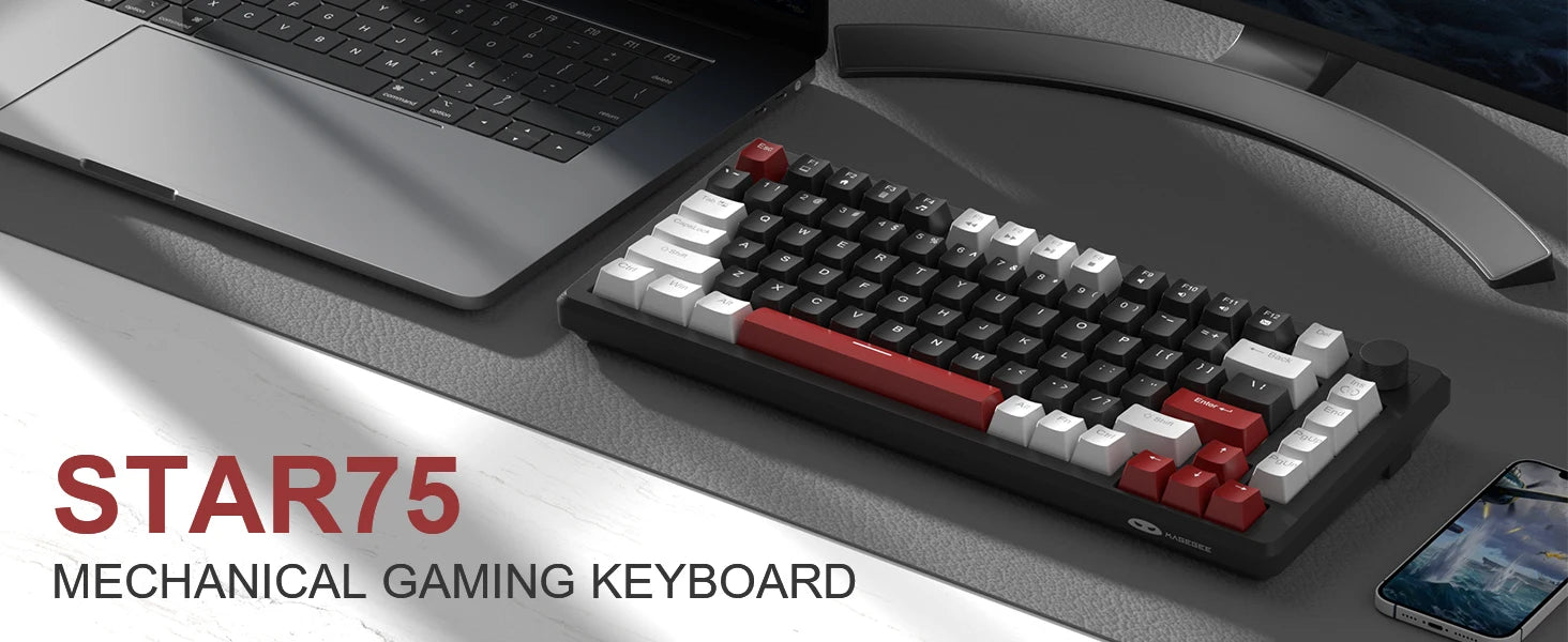 MageGee 75% Mechanical Gaming Keyboard with Knob Control, Blue Backlit Wired Gaming Keyboard Red/Yellow Switch for PC Windows