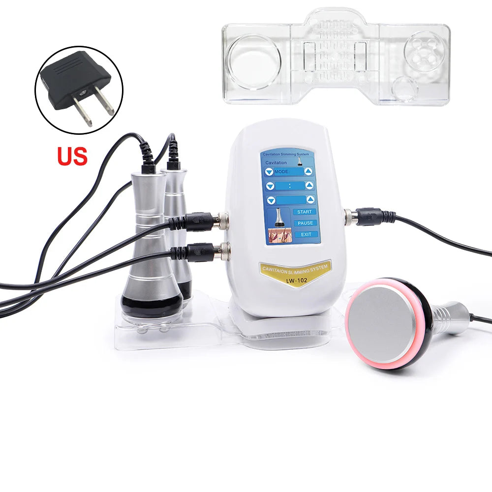 White 40K ultrasonic cavitation machine with blue LCD, silver metal wands, a clear plastic stand, and a US power plug.
