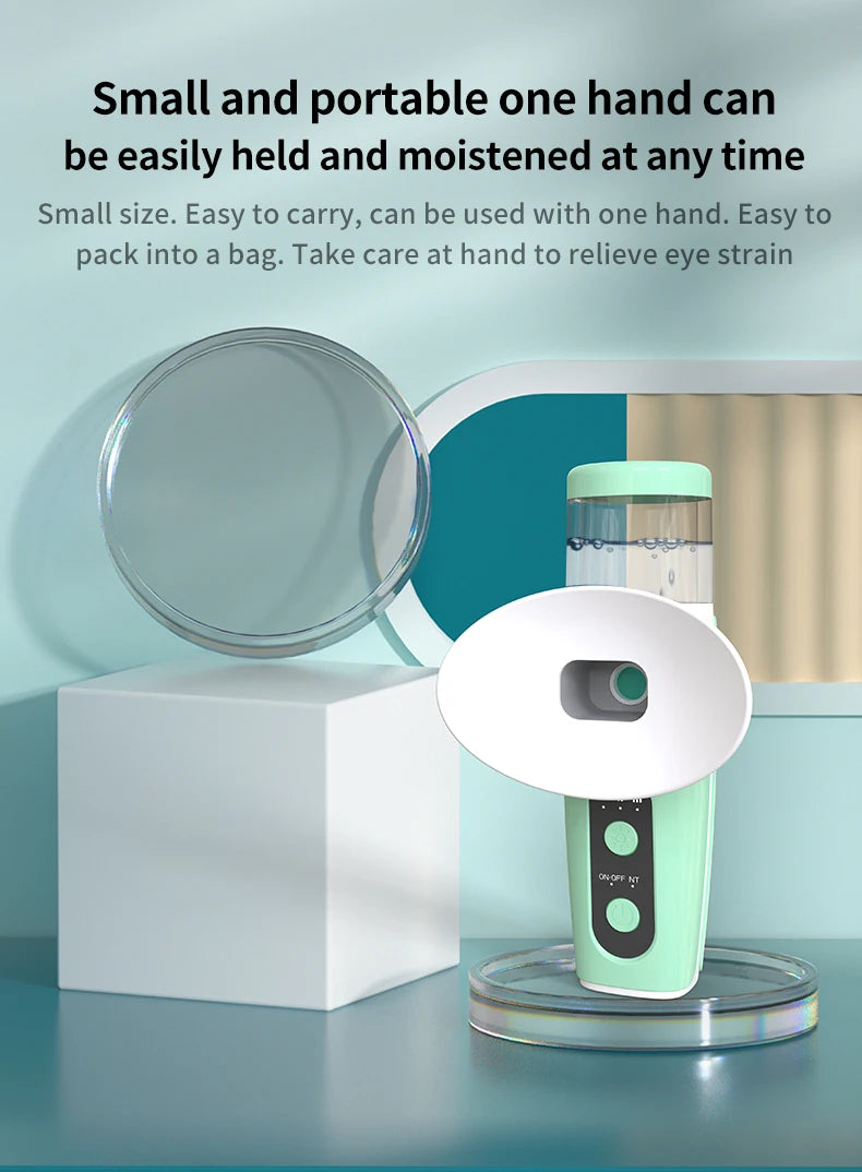 Portable mint green USB rechargeable eye misting device with hot and cold compress for eye strain relief.