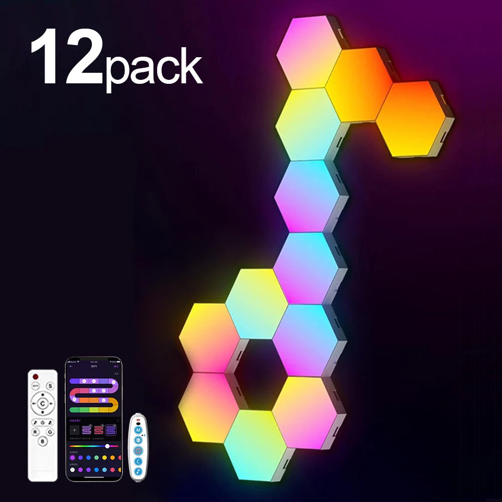 RGB Hexagonal Smart Wall Lamp - Modular Music Sync LED Lighting Kit 12 Pack Tidesmit