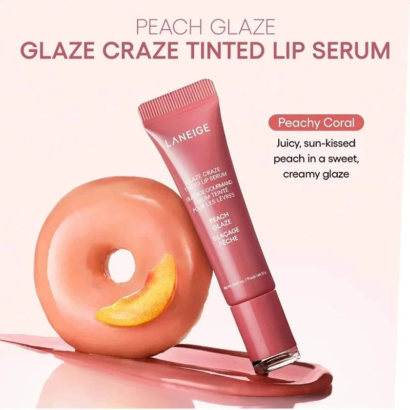 Laneige Glaze Tinted Lip Serum in Peach Glaze, a moisturizing peachy coral glossy lip balm with a creamy texture.