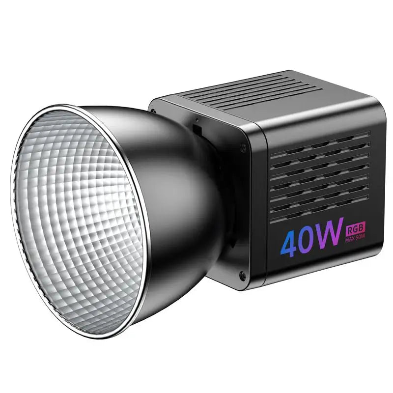 Black 40W RGB LED video light with a silver textured reflector bowl for professional studio photography lighting.