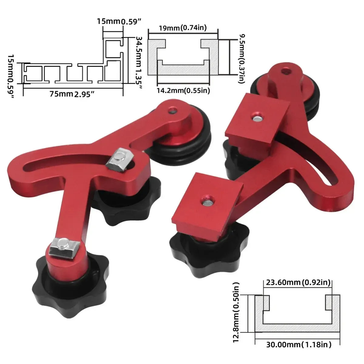Bearing roller stock guide set with red handles, black wheels, and included hardware; dimensions