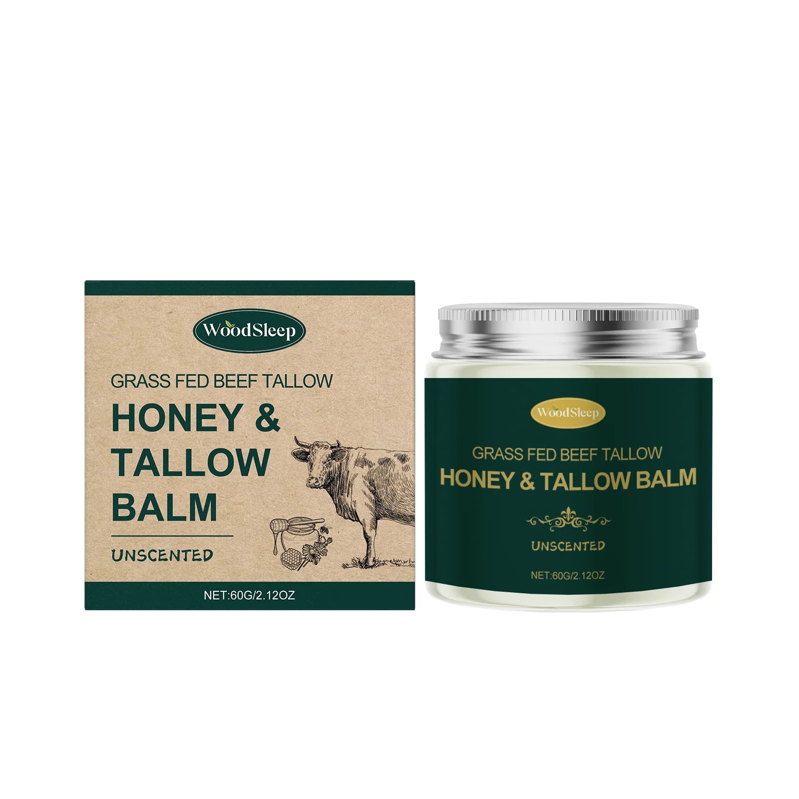 Woodsleep Organic Grass Fed Beef Tallow Balm Unscented Facial Rejuvenation Cream Deep Hydration Lifting Face Care Honey Extract