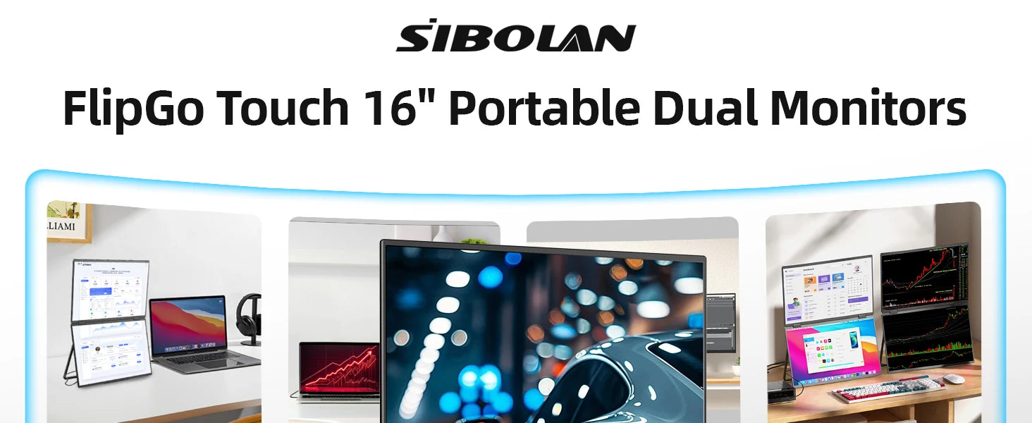SIBOLAN 16" Dual Portable Monitor 2.5K IPS Folding PC Display USB-C HDMI Plug Laptop Screen Extender for Mac Windows Phone