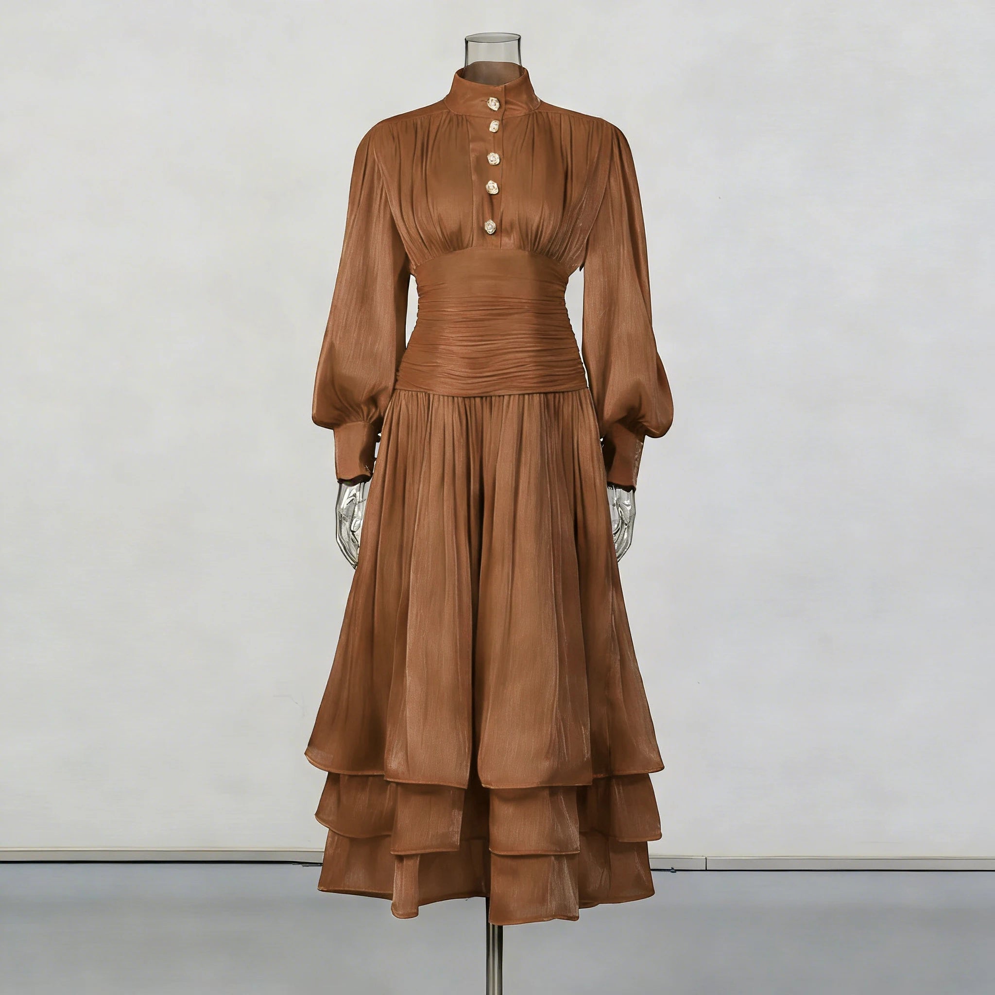 VGH Beach Style Solid Casual Short Dresses For Women Stand Collar Long Sleeve High Waist Spliced Button Chic Dress Female New