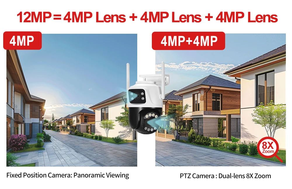 12MP PTZ WiFi IP Camera Dual Lens 2.8mm -12mm 8X Zoom 4K Outdoor AI Human Tracking CCTV Audio Home Security Surveillance Camera