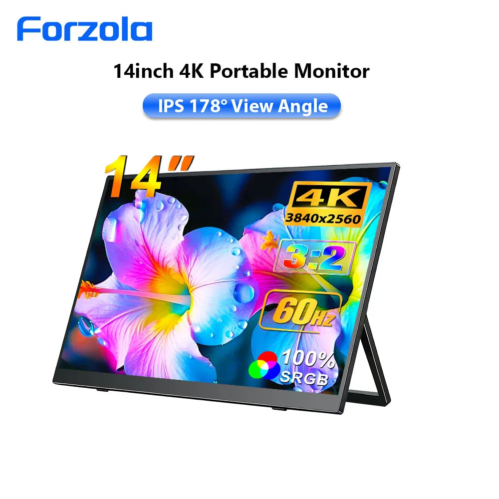 FORZOLA 14 Inch 4K UHD Portable Monitor 3840*2560 IPS Screen TypeC External Display with Stand 75X75 for PS5/4 Phone Xbox Laptop