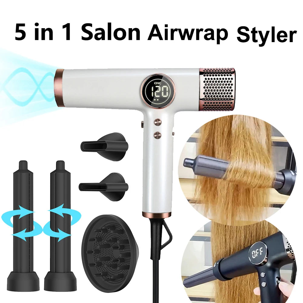 White 5-in-1 ionic hair dryer with digital display, rose gold accents, and interchangeable styling attachments.