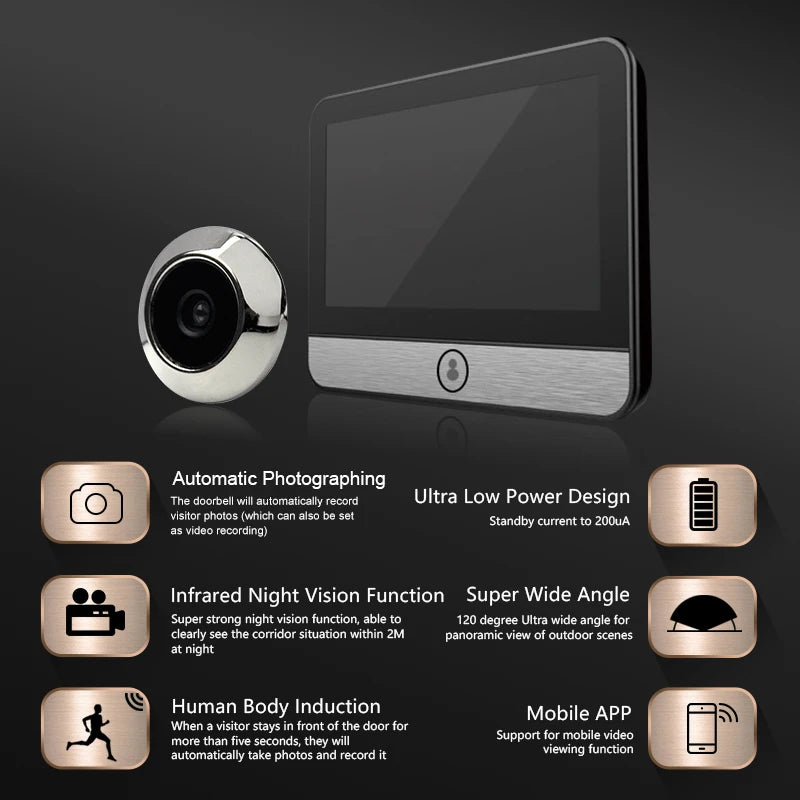 Damini 4.3'' HD Video Electronic Doorbell Smart Camera Cat Eye Night Vision Human Body Detection Automatic Capture Eye Peephole