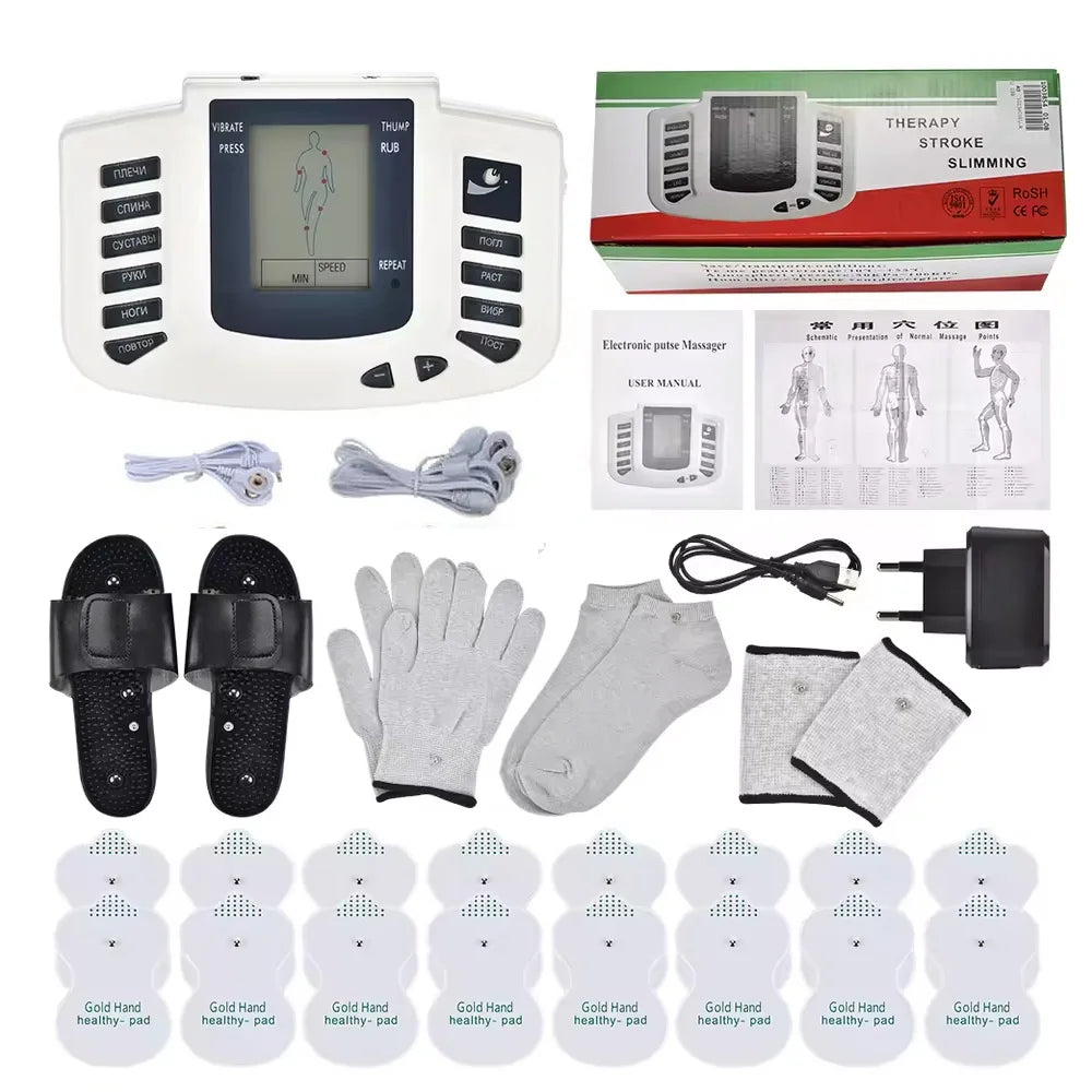 White EMS electrostimulator physiotherapy machine with 12 modes, electrode pads, gloves, socks, and sandals kit.