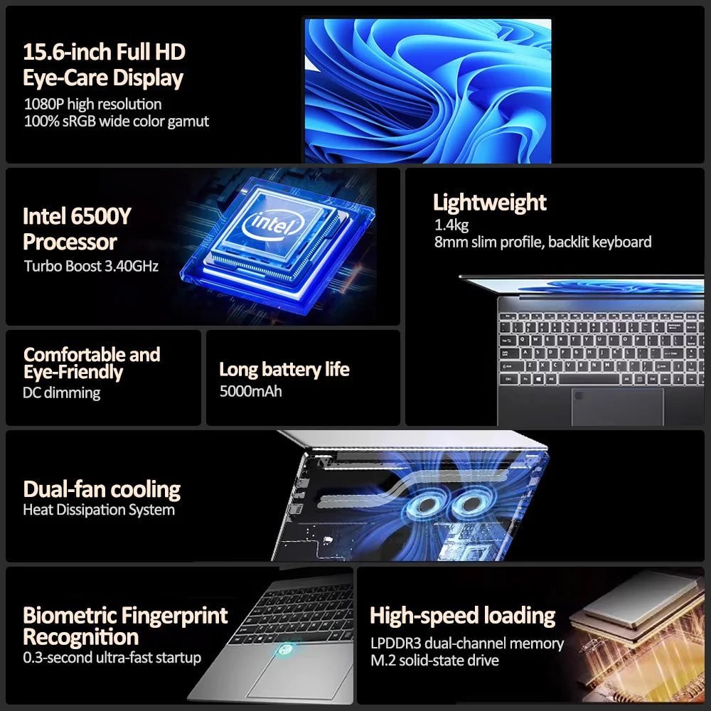 Notebook 15.6 Inch Laptop Windows 11 Intel 6500Y IPS DDR3 1920*1080 8GB DDR4 RAM 256GB 512GB SSD Windows Cheap Portable computer