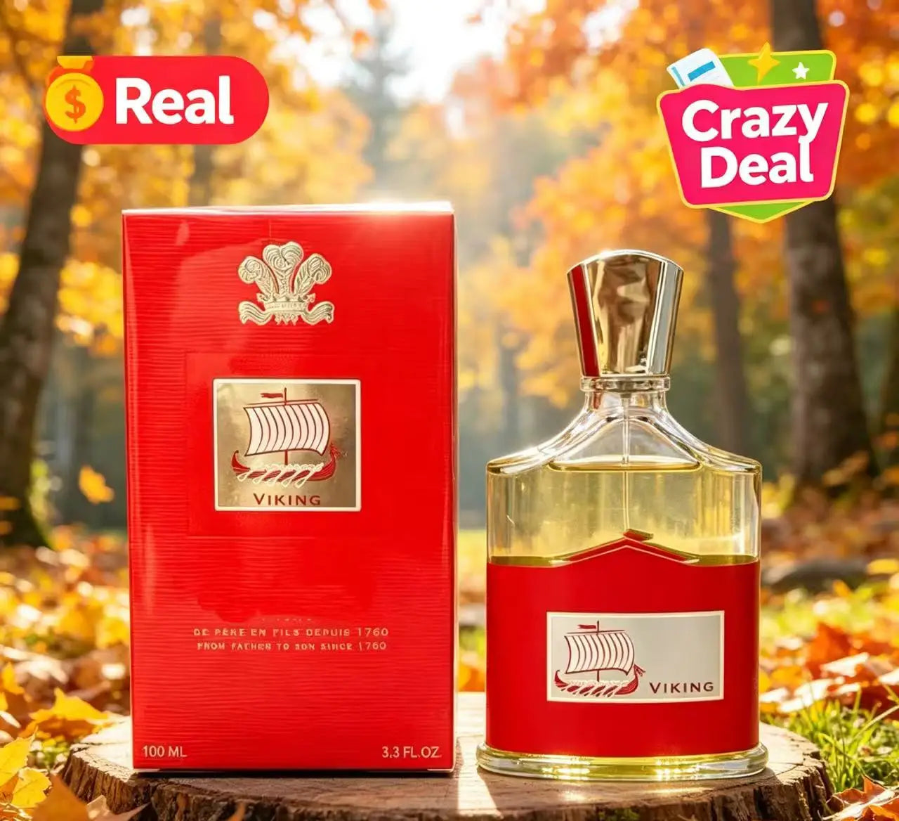 Creed Viking Eau de Parfum for men: red bottle, 100ml spray with iconic ship logo on a wooden stump in autumn woods.