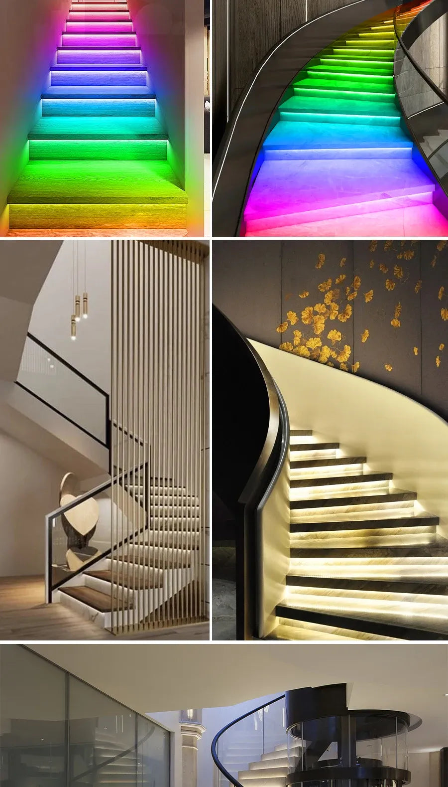 Multicolor LED staircase lighting on steps, with green, blue, and pink illumination.