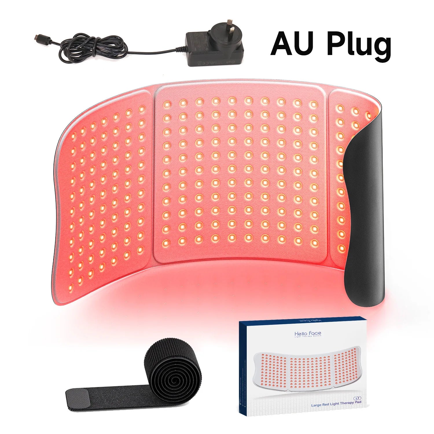 Flexible red light therapy mat with LED panels, AU power adapter, Velcro strap, and product packaging box.