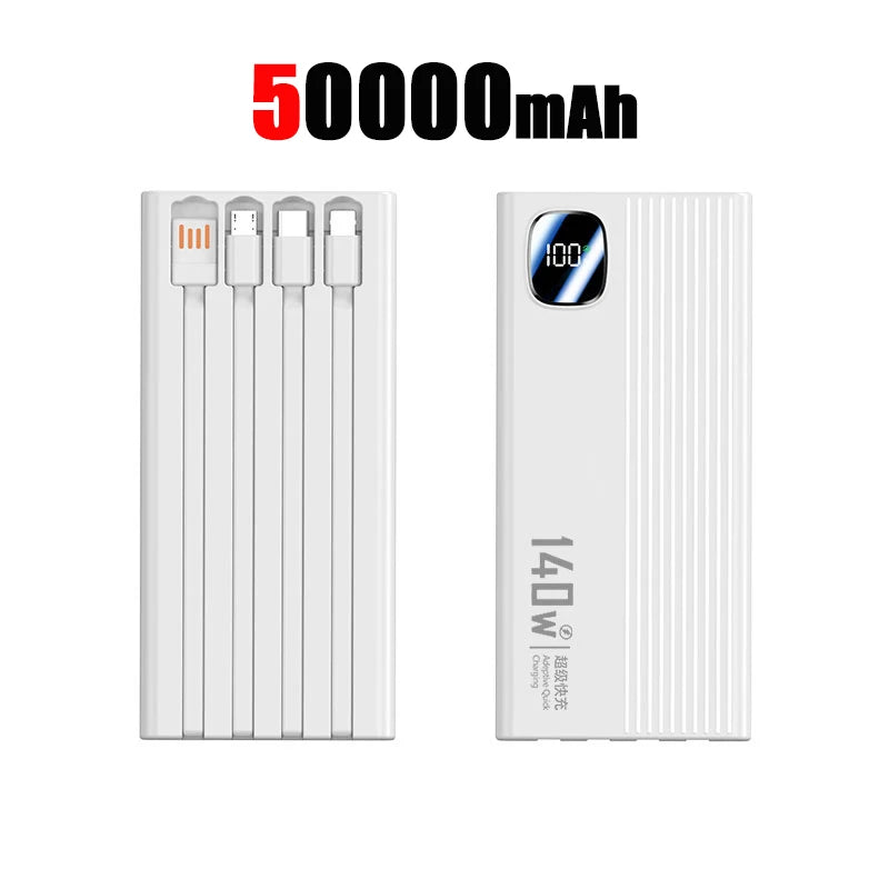 Portable Charger with 4-in-1 Cables - High Capacity Power Bank 50000mAh+ White 50000mAh Tidesmit