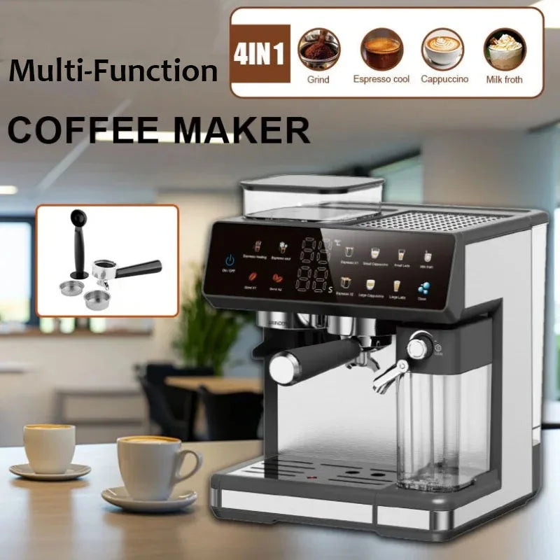 4-in-1 stainless steel espresso machine with built-in grinder, digital touchscreen, and milk frother for home coffee.