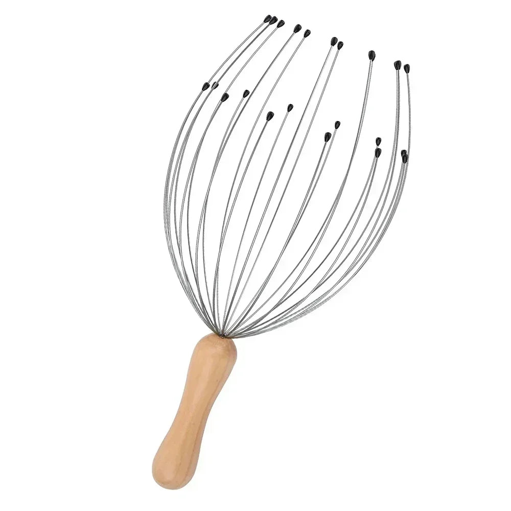 24-finger octopus scalp massager with metal prongs, black tips, and a light wood handle for relaxing head massage.
