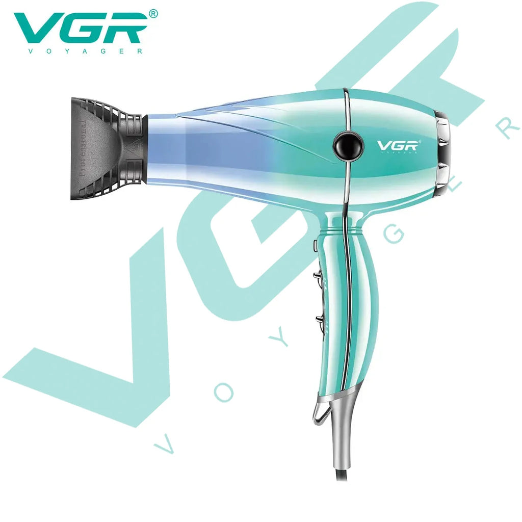 VGR professional teal gradient hair dryer with concentrator nozzle, 2400W negative ion styling for home and salon.