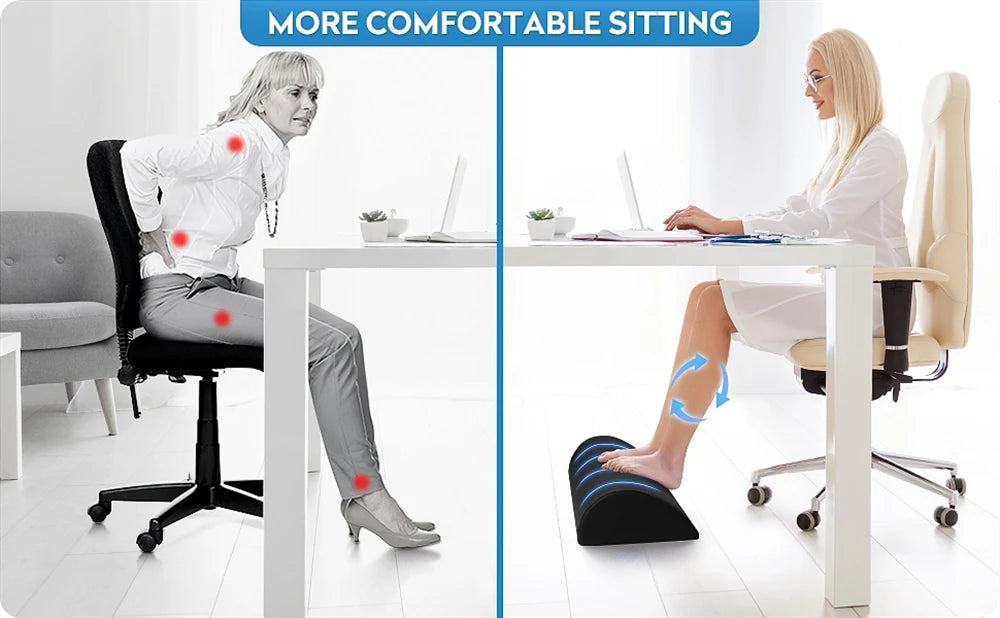 Black ergonomic memory foam foot rest for under desk use to improve posture and relieve back pain at work.
