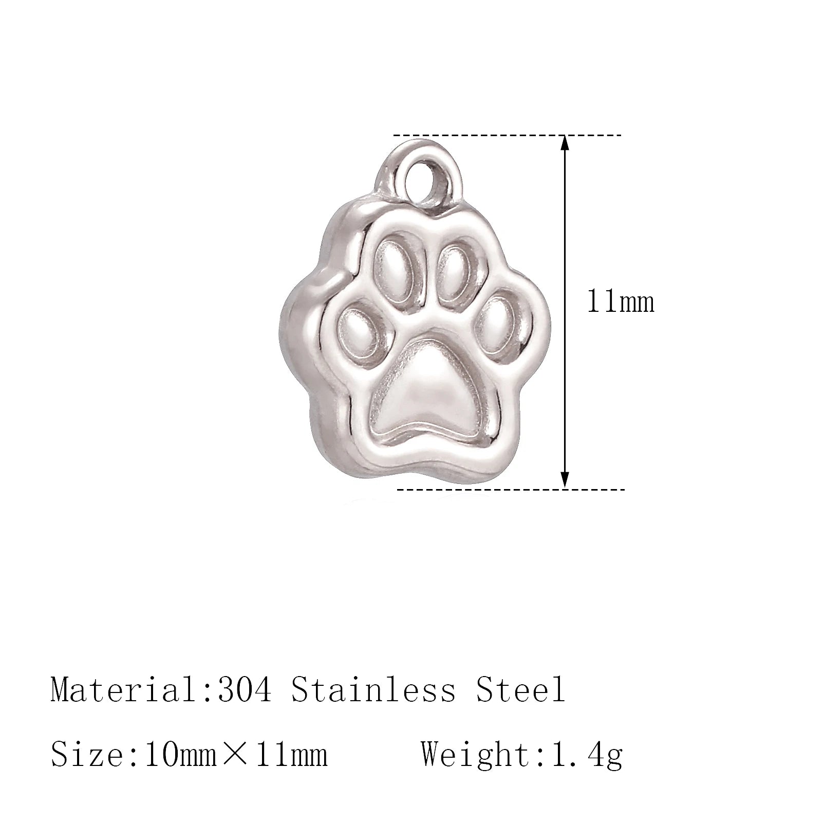 Small 11mm stainless steel cat paw charm pendant for DIY jewelry, bracelets, and pet necklaces.