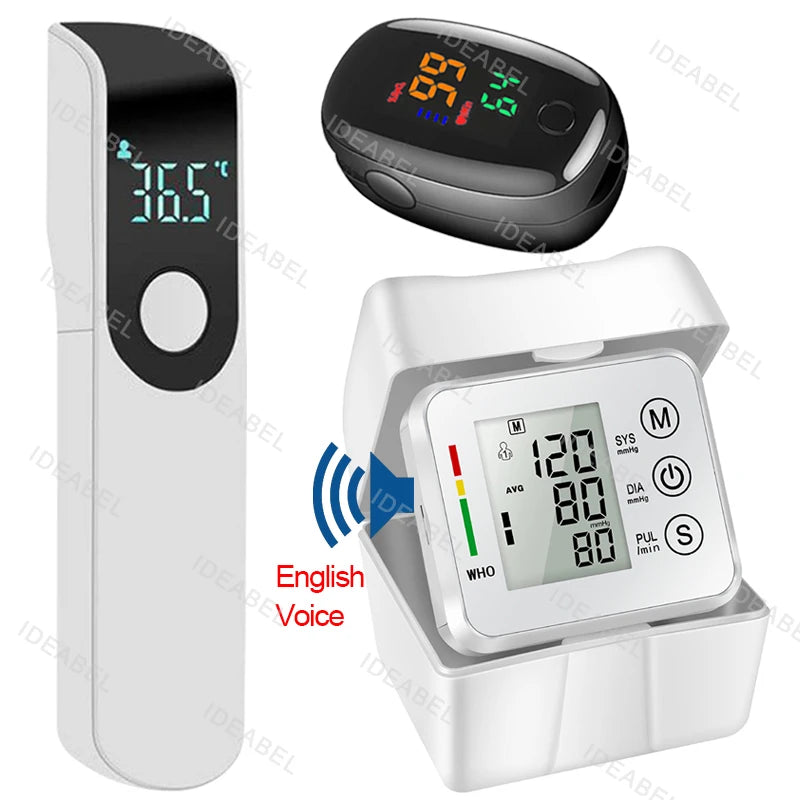 Wrist Blood Pressure Monitor LED English Voice Broadcast Tonometer BP Monitor Non Contact Infrared Medical Thermometer