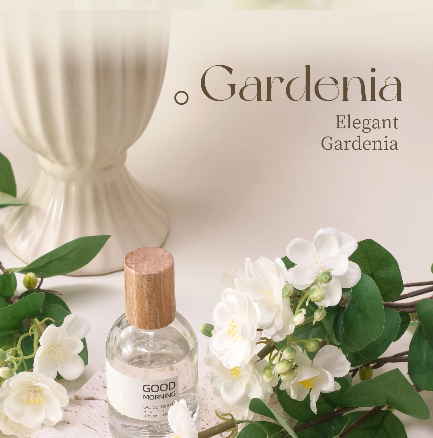 Pure Gardenia niche fresh floral perfume with wooden cap, clear glass bottle, and elegant white flowers on beige background.