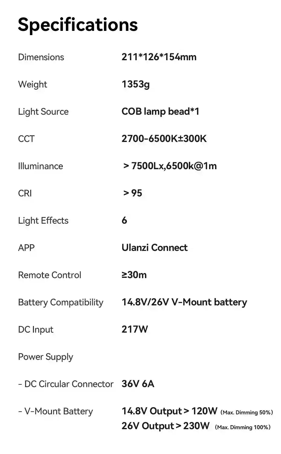 Technical specifications list for a professional studio video light including power, color temperature, and battery