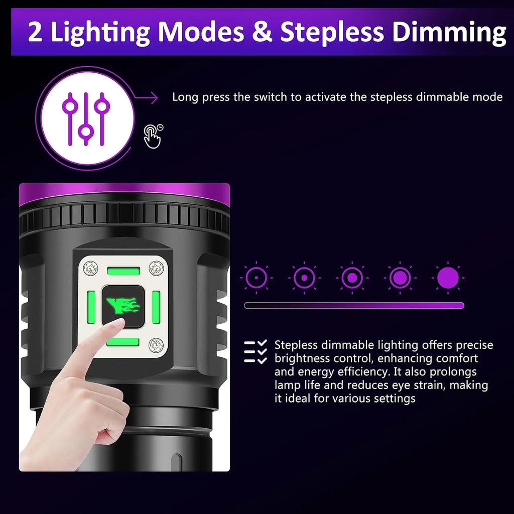 120W rechargeable UV flashlight with 9-core LED for pet urine detection, featuring adjustable brightness and light modes.