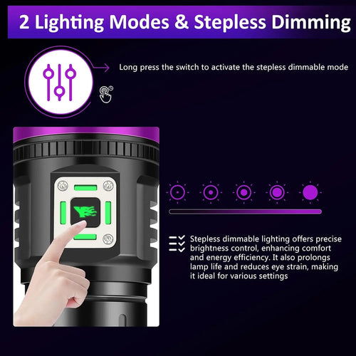 Black UV flashlight front panel with green-lit display and purple glowing lens