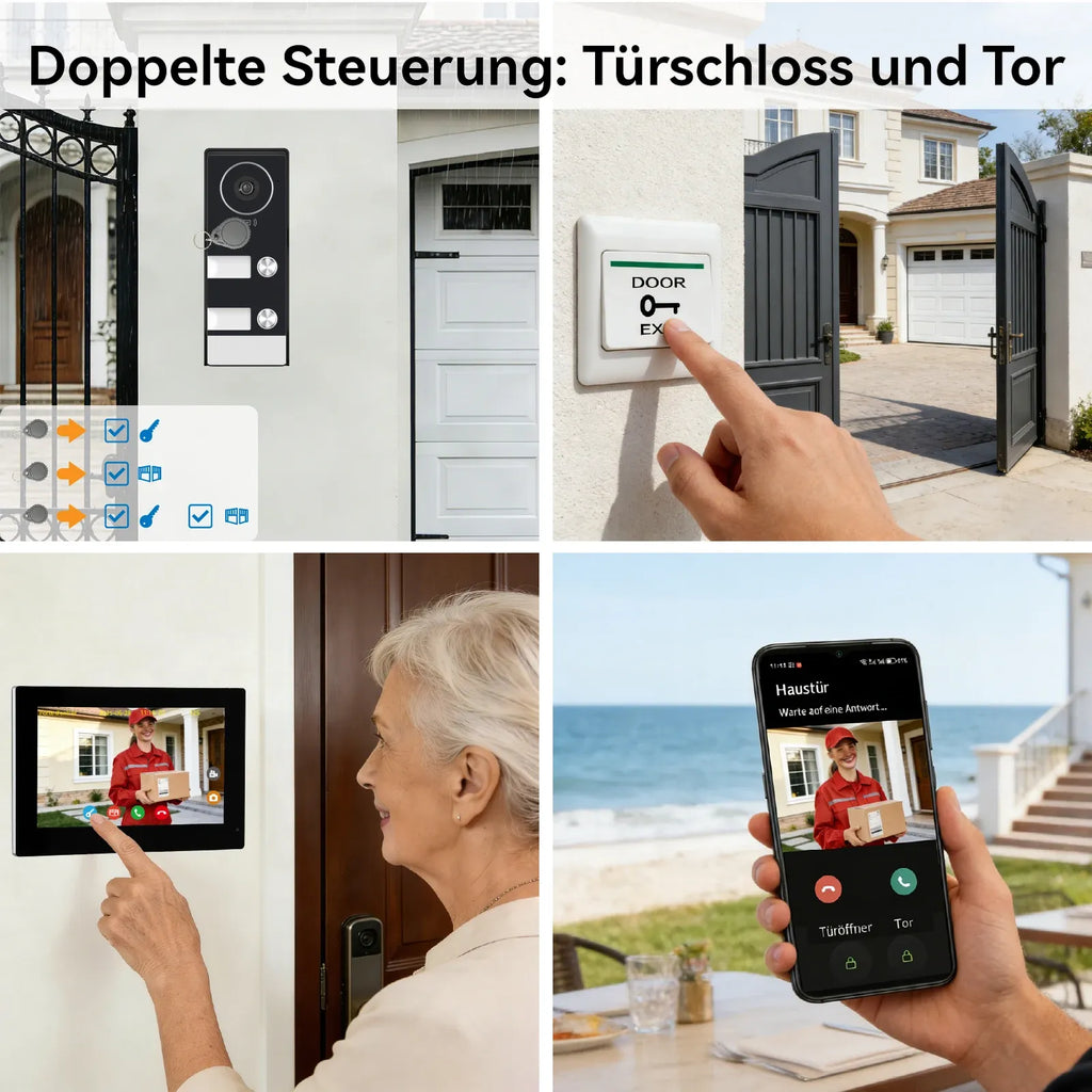 Video door intercom panels with keypad, unlock hand gestures, and smartphone app screen