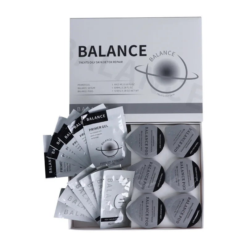 Balance facial treatment kit containing silver serum gel sachets and pod capsules in a branded white box.