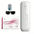 Carevia IPL hair removal device with white, sleek handle, protective glasses, a razor, and branded packaging box.