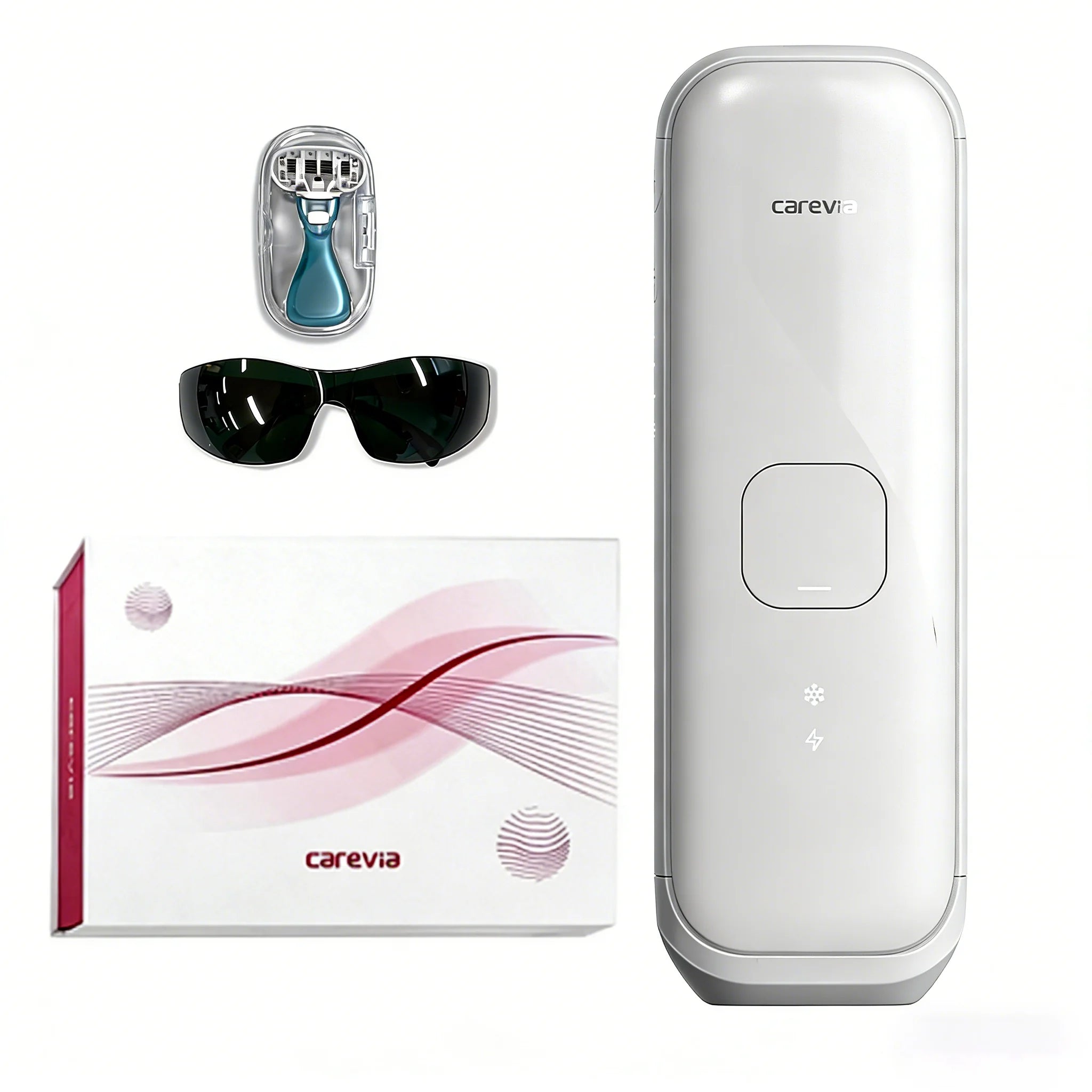 Carevia IPL hair removal device with white, sleek handle, protective glasses, a razor, and branded packaging box.