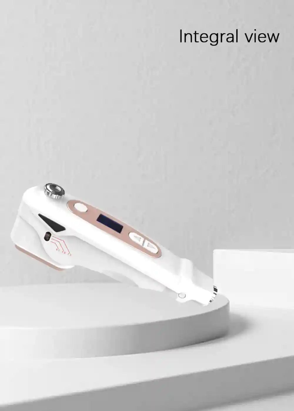 White and rose gold handheld mini HIFU face lifting machine for home anti-aging and ultrasonic skin tightening.