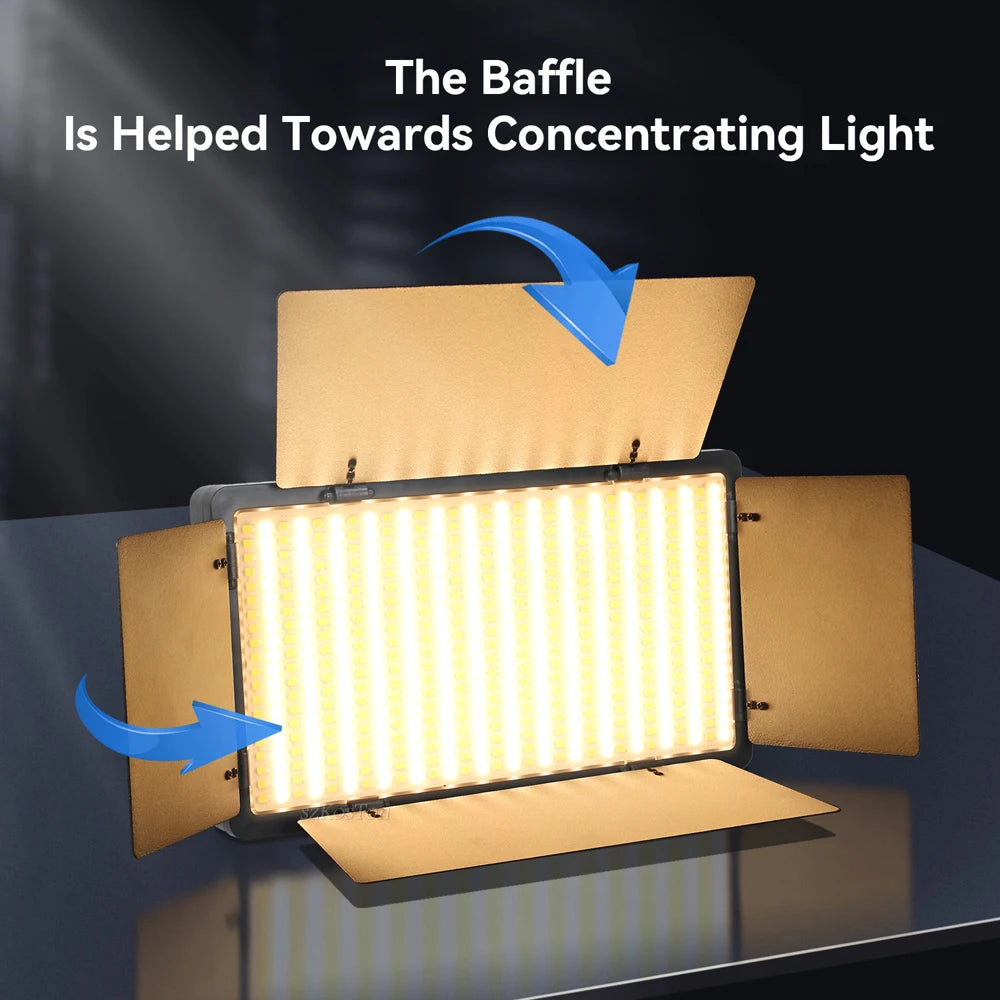 LED video light panel with adjustable gold metal barn doors to direct and focus light output.