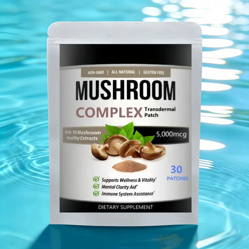 10x Mushroom Complex supplement patches, alternative to adaptogen mushroom coffee, 30-day transdermal patch supply.