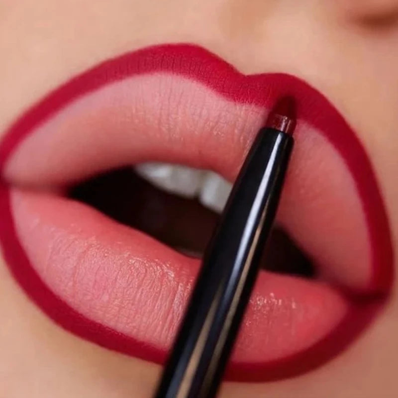 Matte red lip liner pencil defining lips for a smooth, waterproof, long-lasting, non-stick makeup finish.