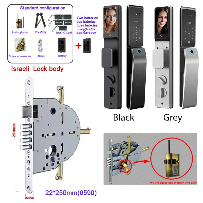 Waterproof  Smart Door Alexa Lock Israel 6590 Mortise Hebrew Tuya Smart Life APP Face Digital Door Lock With Camera