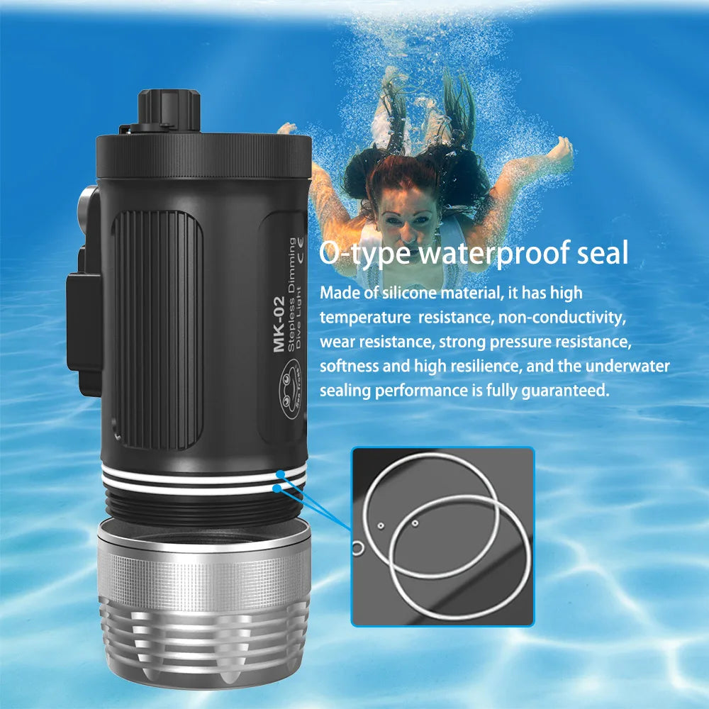 MK-02 silicone O-ring waterproof seal for dive lights, shown as two white circular rings on a black underwater torch.