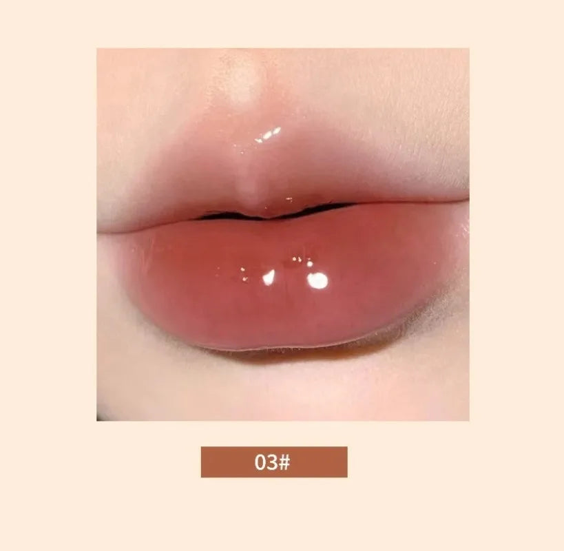 Moisturizing Korean jelly lip gloss in 03# shade, featuring a high-shine, water-light mirror finish for plump lips.