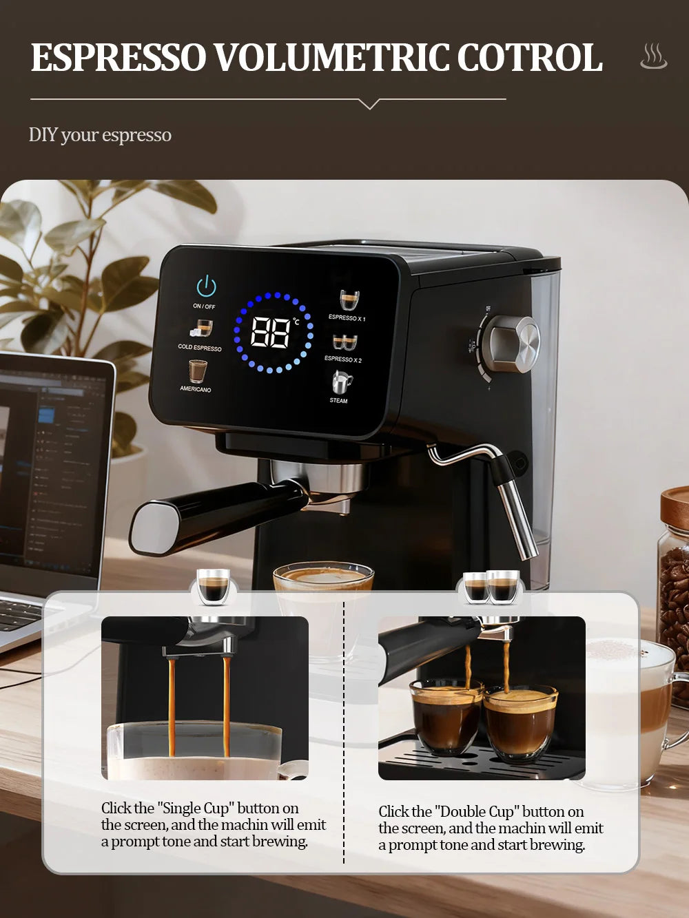 Black espresso coffee machine with digital touch screen, steam wand, portafilter, and volumetric cup control settings.