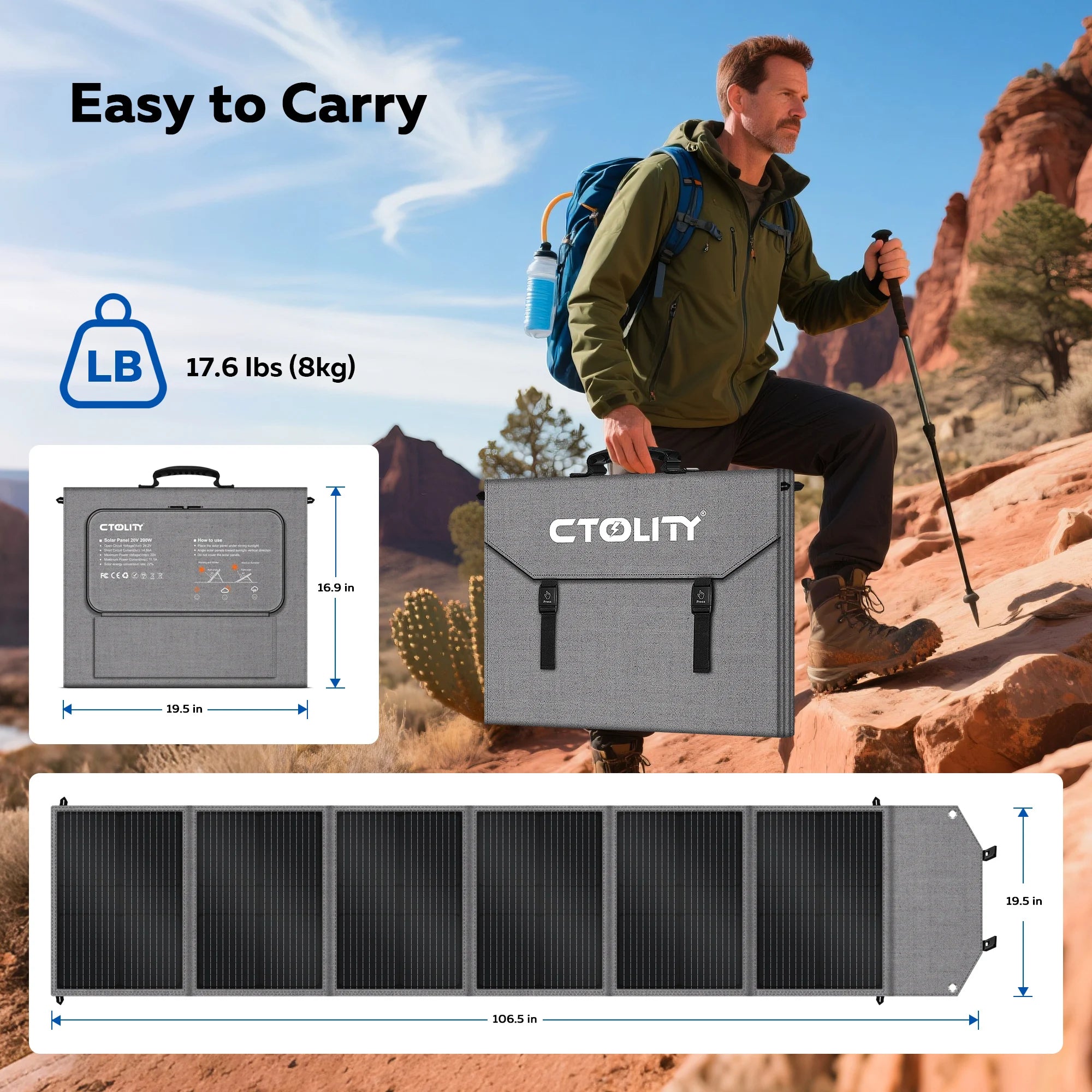CTOLITY SP200 200W Solar Panel Portable Folding Bag 20.5V Outdoor Power Supply 23% Efficiency USB DC for Powerbank Solar Power
