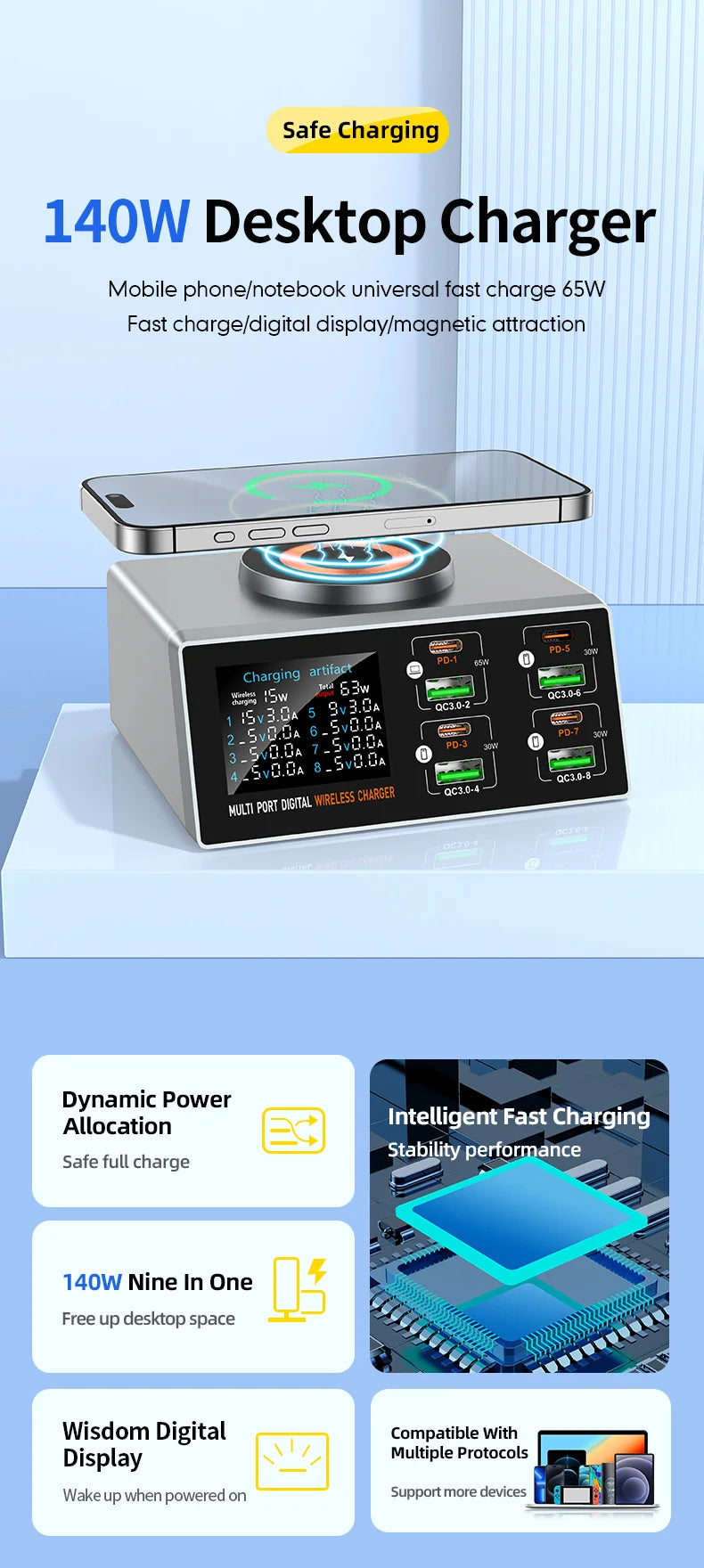140W 8-Port USB Fast Charging Station - Multi-Device Desktop Power Hub Tidesmit