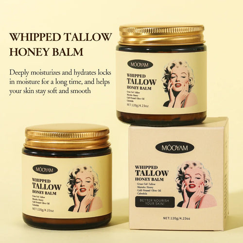 Whipped tallow honey balm jar and box set, gold lids, cream product